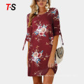 New summer fashion short sleeve print tie round neck dress